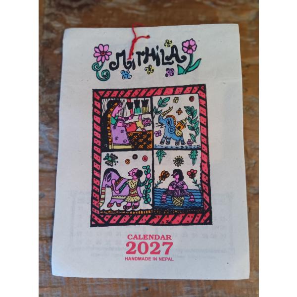【ミティラーアート】2027年 カレンダー A4 ネパール手漉き紙 ロクタ紙 壁掛け エスニック アジアン雑貨 インテリア ハンドメイド 民芸品