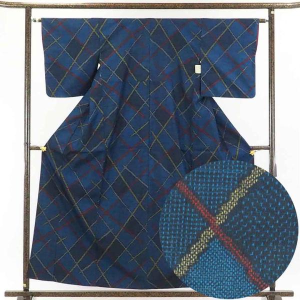 正絹 紺地先染 袷 真綿紬 リサイクル着物 : 新品とリサイクル着物呉服