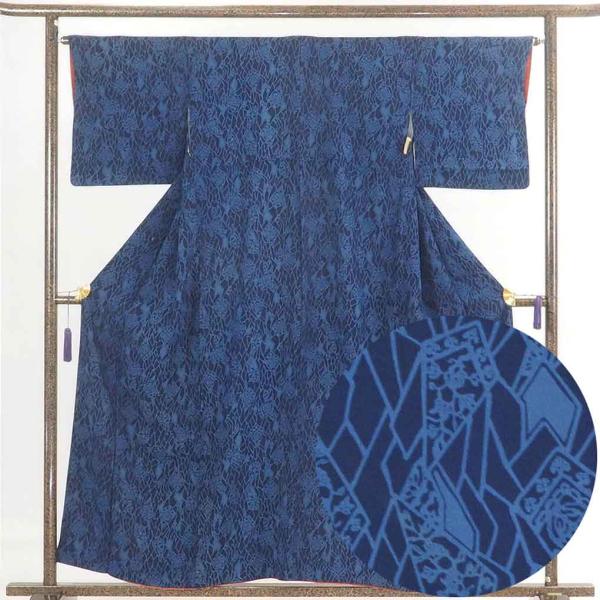 未使用　正絹　縮緬小紋　身丈（肩から）157㎝ 中古】 小紋 小紋着物 レディース 正絹 縮緬小紋 藍染風 屋根柄