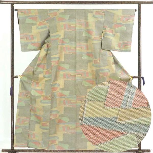 未使用品　単衣 紬 グレー 　身丈160cm 裄丈63.5cm お洒落 正絹 紬 身丈160cm 裄64cm レディース 袷 連続模様 裄Mサイズ 秋冬春用 正絹