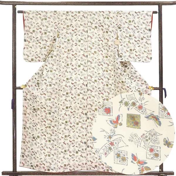 小紋　美品　落ち着いた濃いグレー　唐花　正絹　162cm ゆったりサイズ 日本の絹 丹後ちりめん生地使用」 唐花模様 深いグレー色系 正絹