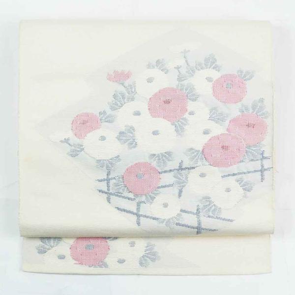 未使用品 名古屋帯 オフホワイト グレー 唐花 3m71cm 軽い お洒落 正絹 未使用品 名古屋帯 オフホワイト グレー 唐花 3m71cm 軽い