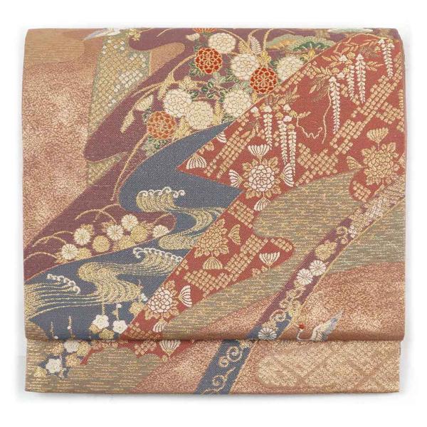 茶色の絹製袋帯 袋帯 幅30.5cm 長さ441cm レディース 連続模様 秋冬春用 正絹