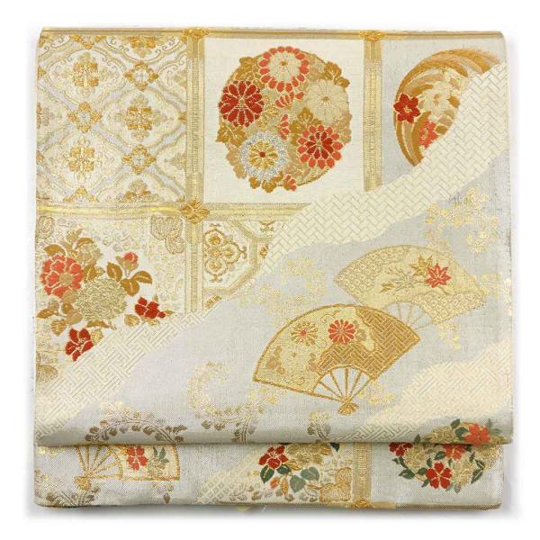 美品 袋帯 ムガシルク リバーシブル 生成り 全通柄 長さ4m59cm正絹 袋帯 幅30.5cm 長さ430cm レディース 天井紋 秋冬春用 正絹（シルク