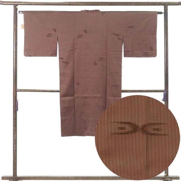 雨コート コート丈116cm 裄62cm レディース 縞 裄Sサイズ 年中着用可 正絹（シルク）茶色 中古 リサイクル 未使用品