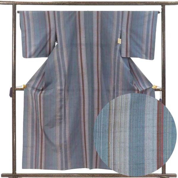 単衣　紬　美品　グレー　身幅広　裄65 (ロ 紬 身丈157cm 裄65cm レディース 単衣 縞 裄Mサイズ 初夏・初秋用 正絹