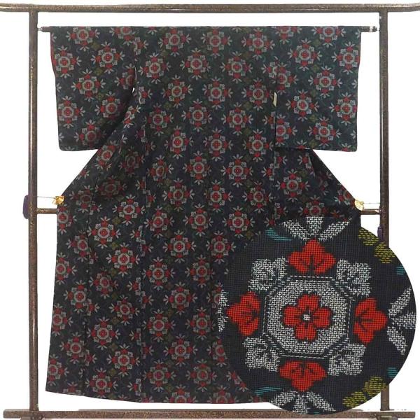 未使用　美品　花唐草模様織り出し結城紬/裄68.5 トールサイズ　d17 未使用 美品 花唐草模様織り出し結城紬/裄68.5 トールサイズ d17