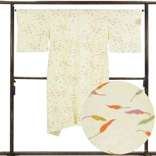 長襦袢 襦袢丈130cm 裄66cm レディース 袷 唐辛子 裄長 裄M-Lサイズ 秋冬春用 正絹（シルク）薄黄色 中古 リサイクル やや難