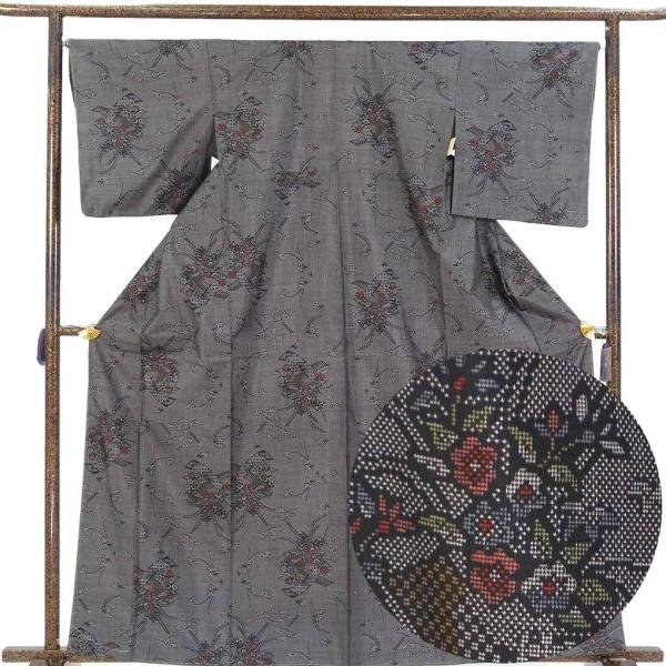 紬 身丈164cm 裄66cm レディース 袷 花柄 裄長 裄M-Lサイズ 秋冬春用