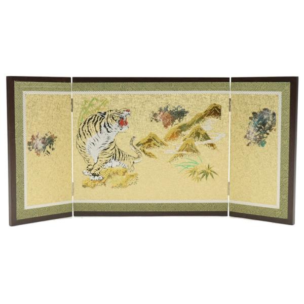 四曲屏風 虎 鷹 松竹図 和風インテリア 床の間 アウトレット品 屏風 単品 10号 竹に虎 三曲屏風 焦茶 24a-ya-0488