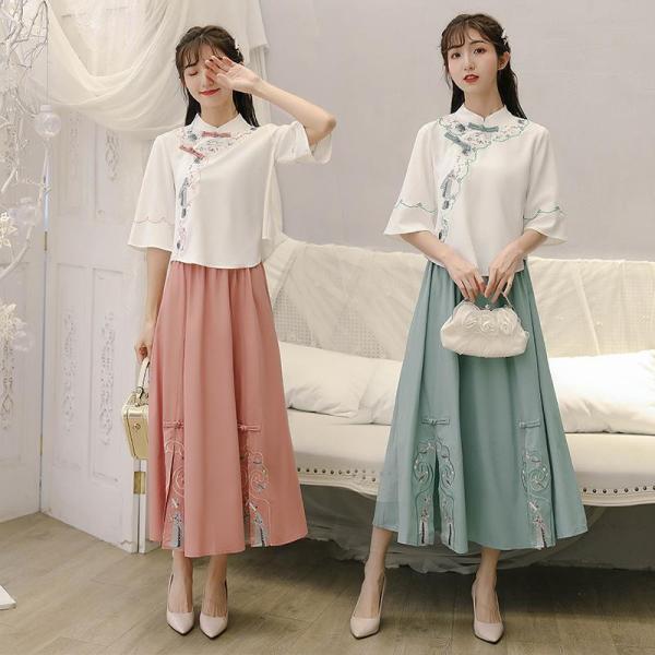 セットアップ シャツ ミモレ丈 2ピース 花柄 チャイナ風 gogomaxshop_p21114684ea4c