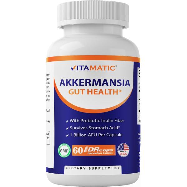 Vitamatic, Akkermansia 社アッカーマンシア菌1粒あたり 10億個と イヌリン 390mg配合 60粒 サプリメント