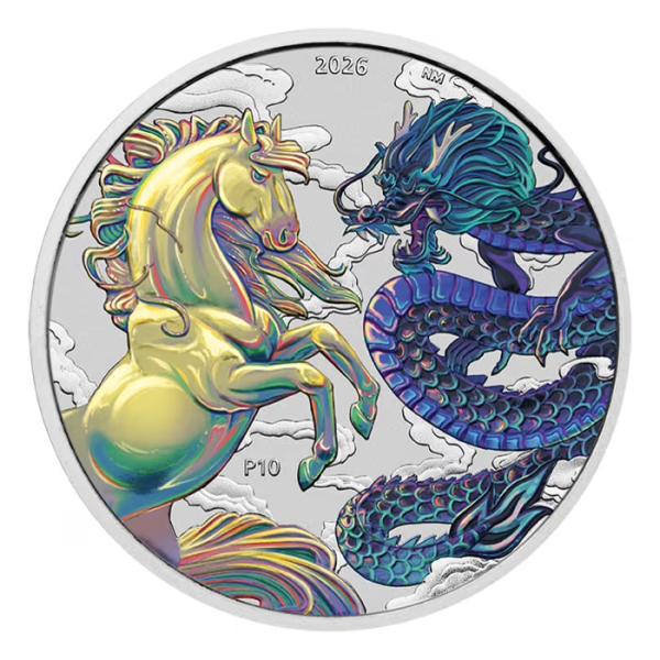 [保証書・カプセル付き] 2026年 (新品) オーストラリア「龍と馬・オパライト」純銀 1オンス カラー 銀貨