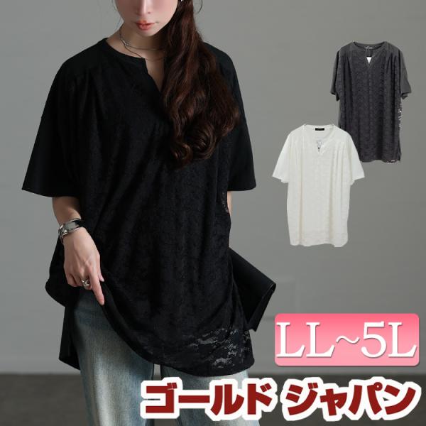 大きいサイズ レディース チュニック カットソー 半袖 五分袖 キーネック ドルマン レース 伸縮 夏コーデ 夏 秋 春 LL 2L 3L 4L 5L ブラック 黒 ホワイト 白