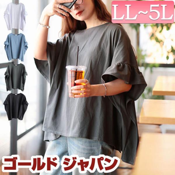 大きいサイズ レディース トップス カットソー Tシャツ 半袖 フリル ドルマン 春コーデ 春 夏 秋 LL 2L 3L 4L 5L ブラック 黒 ホワイト 白 チャコール ブルー