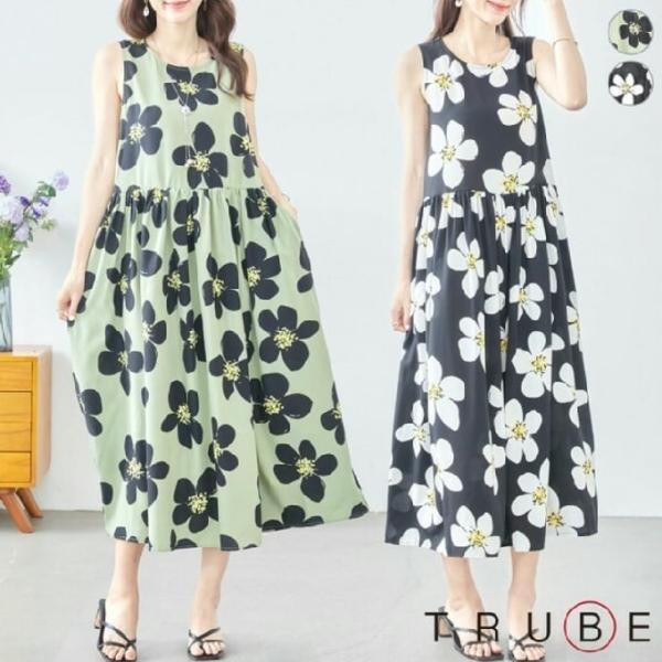 公*o様 花柄ノースリーブワンピース フリーサイズ ノースリーブワンピース イラストフラワー柄 花柄 ロングワンピース