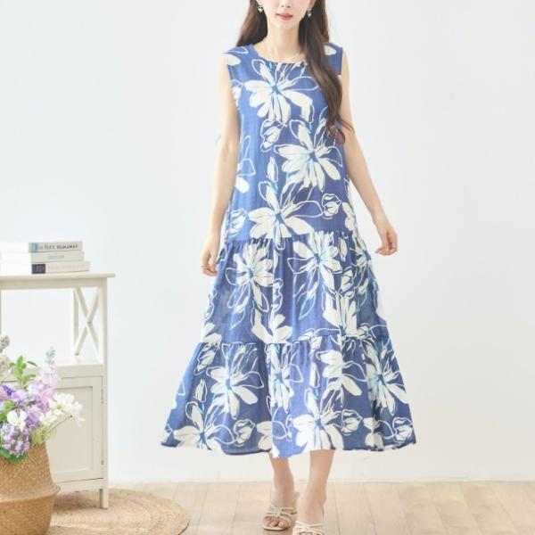 TRUBE マキシワンピース ノースリーブ ビッグフラワー コットン 花柄