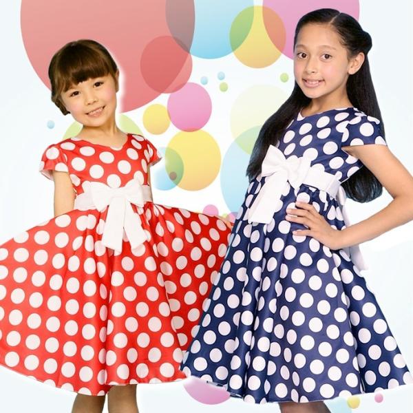 水玉模様 フォーマルドレス 135センチ ミニーちゃんみたいなドットワンピース レッド ネイビー コスチューム