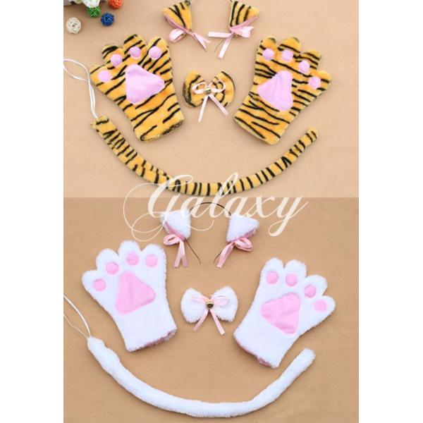 猫耳 カチューシャ 猫爪 手袋 しっぽ付き アニマル変身 メイド 鈴付き 