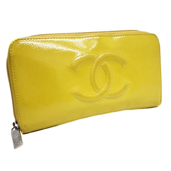 シャネル ラウンドファスナー 長財布 レディース メイルオーダー エナメル マスタード Chanel 送料無料 レザー 中古