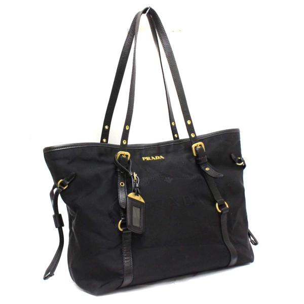 プラダ メーカー在庫限り品 ロゴジャガード ナイロン トートバッグ レディース 型押しレザー 送料無料 ブラック 中古 Prada Br4252