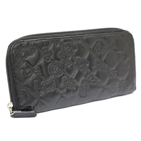 シャネル アイコン ラウンドファスナー 長財布 レディース 引き出物 送料無料 ブラック 中古 レザー Chanel