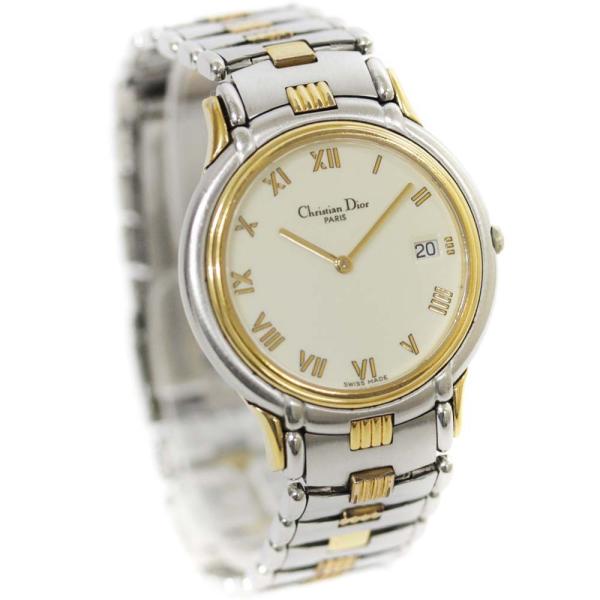 豪華な クリスチャンディオール ラウンドフェイス 腕時計 メンズ クオーツ ホワイト文字盤 ゴールド シルバー 45 146 Dior 送料無料 中古 Christian
