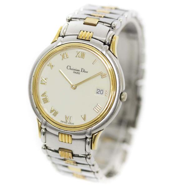 豪華な クリスチャンディオール ラウンドフェイス 腕時計 メンズ クオーツ ホワイト文字盤 ゴールド シルバー 45 146 Dior 送料無料 中古 Christian