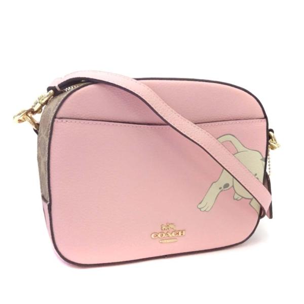 美品 コーチ カメラバッグ ウィズダルメシアン ディズニー シグネチャー ショルダーバッグ レディース Coach 公式通販 レザー ベージュ ピンク 送料無料 中古 Pvc