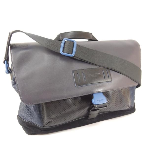 コーチ エクセルワールド メッセンジャー 斜め掛け ショルダーバッグ メンズ レザー F360 中古 送料無料 Coach ブラック ブルー 格安 イカットナイロンキャンバス