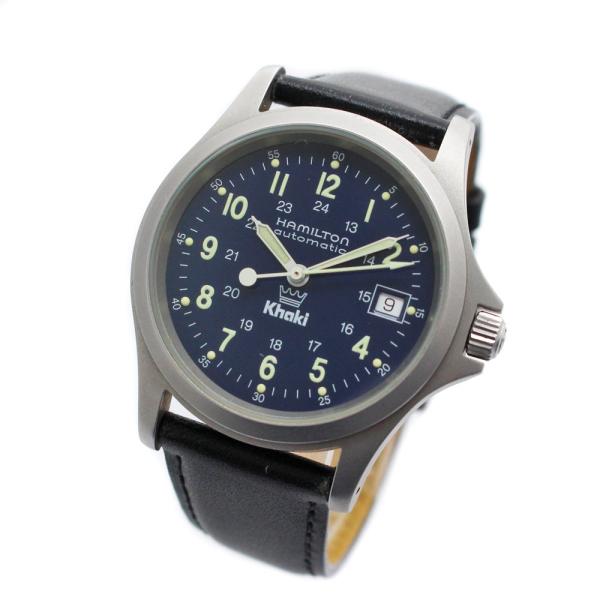 ハミルトン カーキキング 春の新作 腕時計 メンズ 自動巻き ネイビー文字盤 ブラック 93 Hamilton 送料無料 中古 シルバー