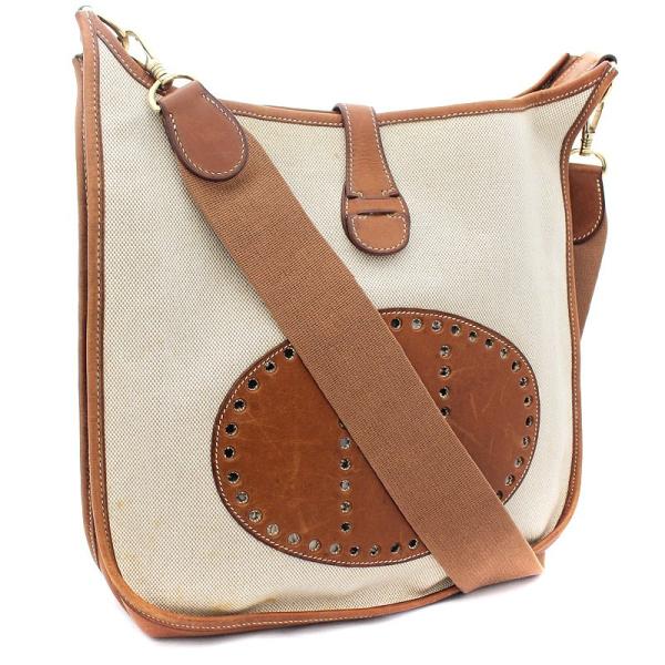 Hermes エルメス エヴリン1 Gm ショルダーバッグ レディースキャンバス トワルアッシュ 海外並行輸入正規品 ヴォーバレニア ベージュ 茶色 レザー 刻 斜め掛け 革 Z 中古