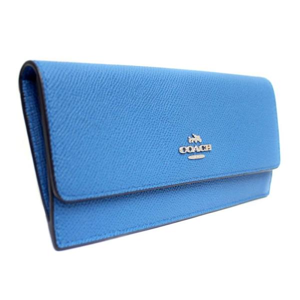 美品 格安激安 コーチ クロスグレイン 二つ折り 長財布 レディース 送料無料 レザー 中古 ブルー Coach