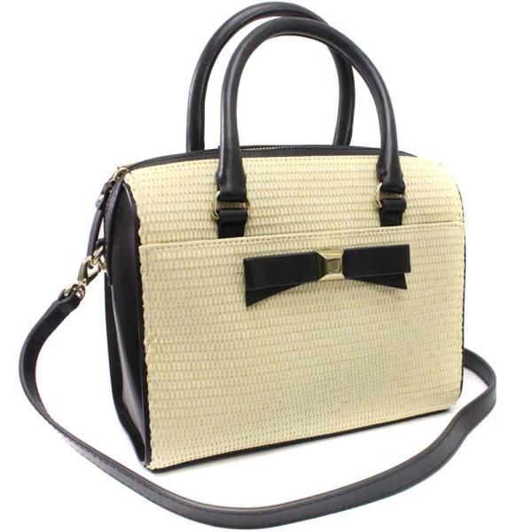 ケイトスペード 2way リボン かご ハンドバッグ レディース ストロー 休み Spade 送料無料 ナチュラル ブラック 中古 Kate レザー