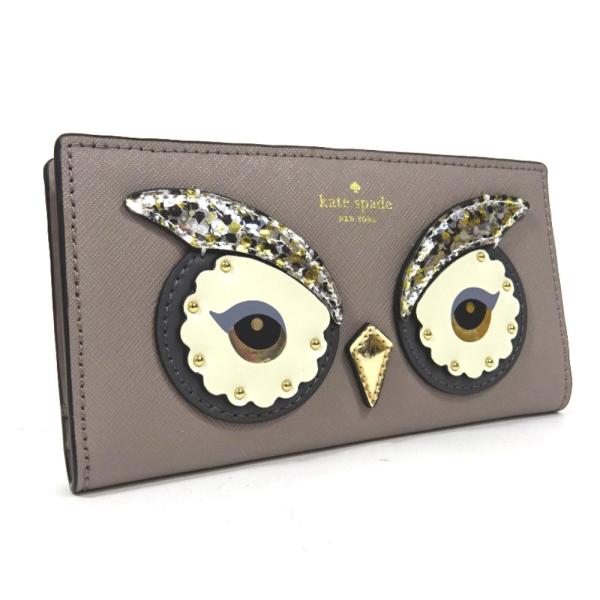 最新 美品 ケイトスペード 二つ折り ふくろうモチーフ 長財布 レディース Kate グレージュ 送料無料 レザー Spade 中古