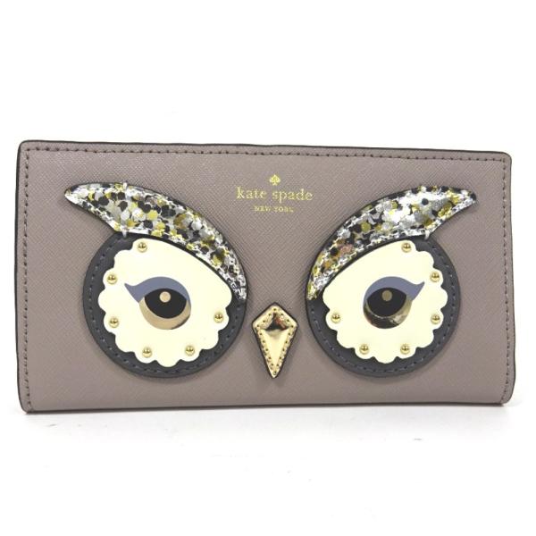 最新 美品 ケイトスペード 二つ折り ふくろうモチーフ 長財布 レディース Kate グレージュ 送料無料 レザー Spade 中古