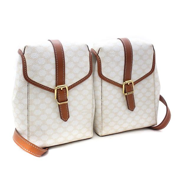 Celine セリーヌ マカダム柄 ダブル リュックサック レディース ツイン ミニ バックパック 茶色 ホワイト 最新号掲載アイテム Pvc ゴールド金具 中古 ブラウン レザー 白