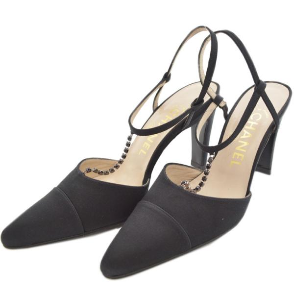 シャネル パンプス ヒール 靴 シューズ ブラック 黒 ラインストーン 1 2 割り引き レディース Chanel 36 中古
