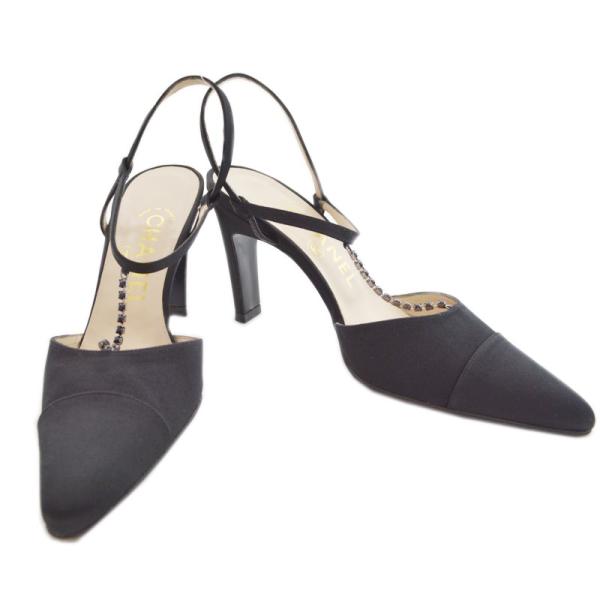 シャネル パンプス ヒール 靴 シューズ ブラック 黒 ラインストーン 1 2 割り引き レディース Chanel 36 中古