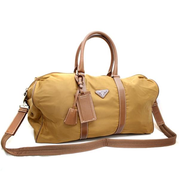 送料無料 Prada プラダ 2way ボストンバッグ メンズ レディース 旅行鞄 ナイロン オンラインショップ 茶色 中古 ブラウン レザー シルバー金具