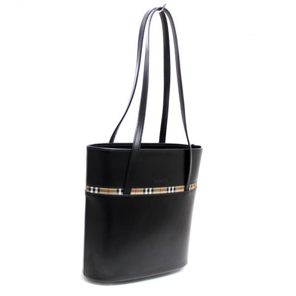 美品 返品送料無料 バーバリー レザー ショルダーバッグ レディース トート カバン 黒色 Burberry チェック柄 送料無料 ブラック 中古