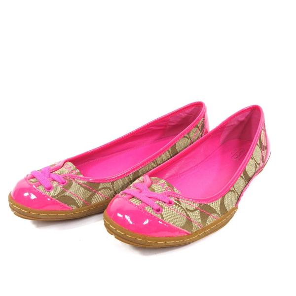 アイテム勢ぞろい コーチ シグネチャー ローファー レディース キャンバス エナメル 送料無料 ブラウン ピンク 中古 Coach