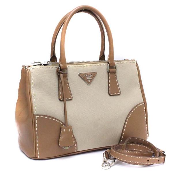 プラダ 2wayハンドバッグ ショルダーバッグ 大放出セール レディース キャンバス レザー キャメル ベージュ 送料無料 中古 B1801k Prada