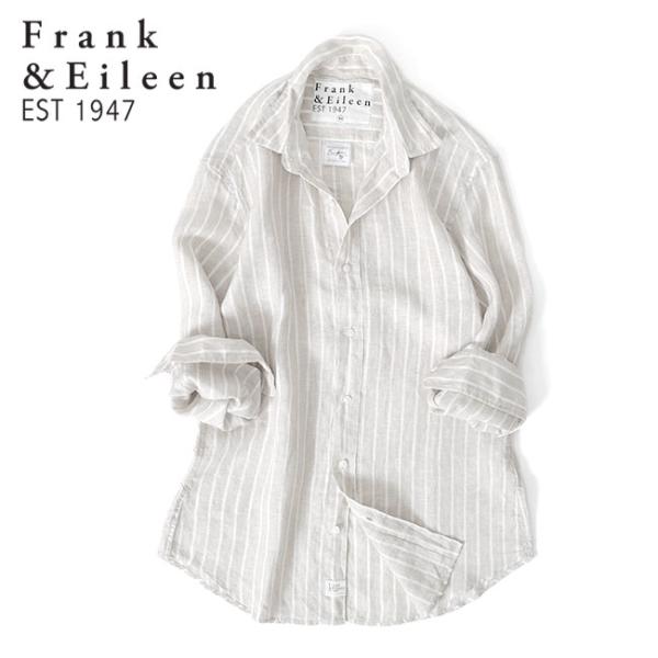 美品 Frank＆Eileen リネンシャツ ブルー ストライプ アイリーン イタリアン リネンストライプシャツ（ブルー