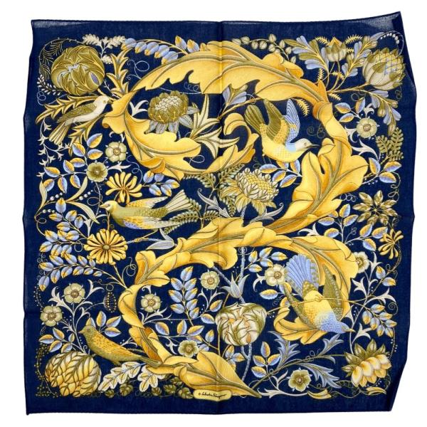 フェラガモ Ferragamo 花柄 鳥 ハンカチ コットン ブルー ユニセックス