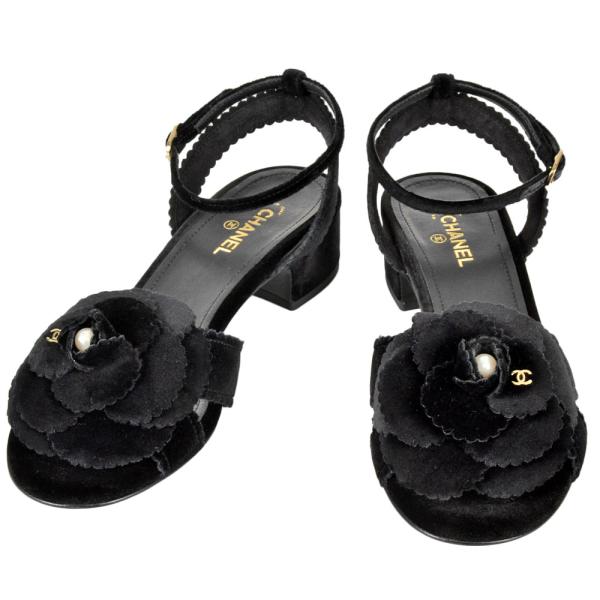 【レア】CHANEL ブラック ウッドカメリア サンダル ミュール　36 CHANEL（シャネル） カメリア ポインテッドトゥ サンダル ベルベット