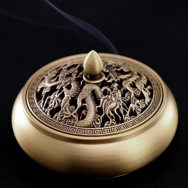 GOLD STONE 香炉 おしゃれ お香立て 真鍮製 龍 鳳凰 デザイン 蓋付き