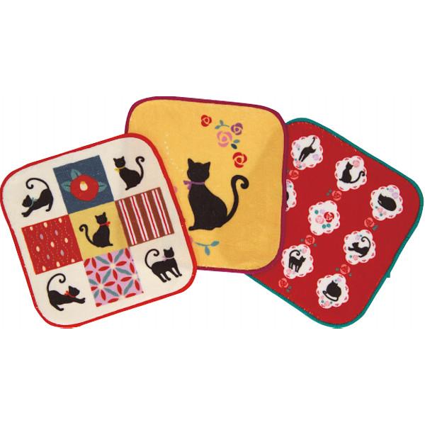 小さなポケットにも楽々入る、可愛い柄の3枚セット●ミニタオル3枚●綿55％・ポリエステル45％●現品約16×16ｃｍタイプ：モダン猫42309316