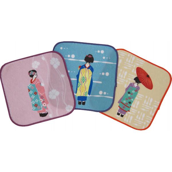 小さなポケットにも楽々入る、可愛い柄の3枚セット●ミニタオル3枚●綿55％・ポリエステル45％●現品約16×16ｃｍタイプ：まいこ42309318