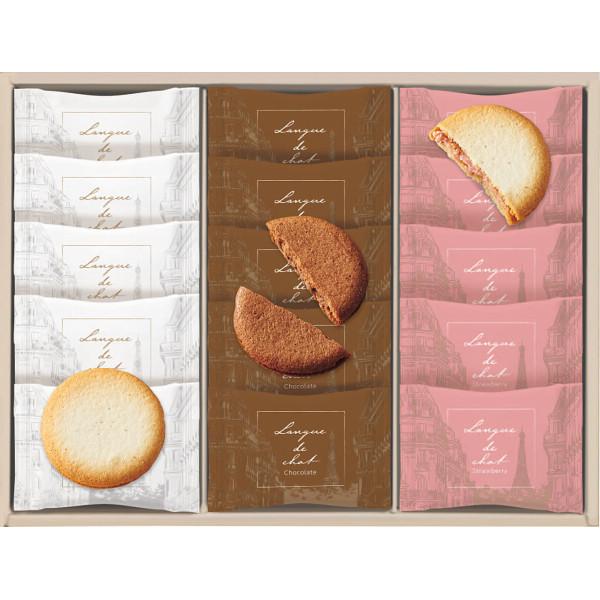 サクサク食感のプレーン生地とココア生地で、ホワイトチョコ、ミルクチョコ、ストロベリーチョコをサンドした3種類のラングドシャの詰め合わせ。●ラングドシャ（ショコラ・プレーン・ストロベリー×各5）（計15枚）※商品の特性上、衝撃によって菓子が割...